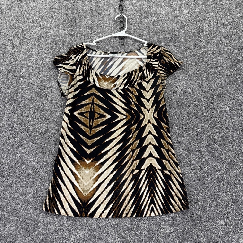 Worthington Blouse Womens Small Brown Geometric Short Sleeve Scoop Neck Tunic